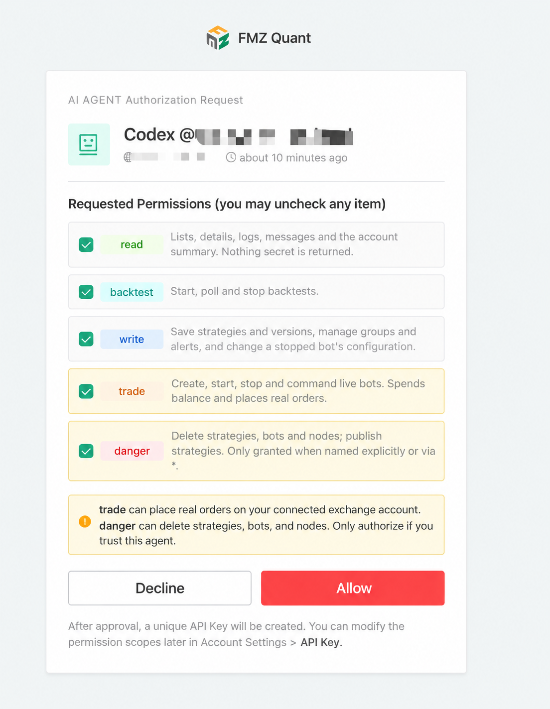 Reviewing permissions and authorizing the FMZ connection