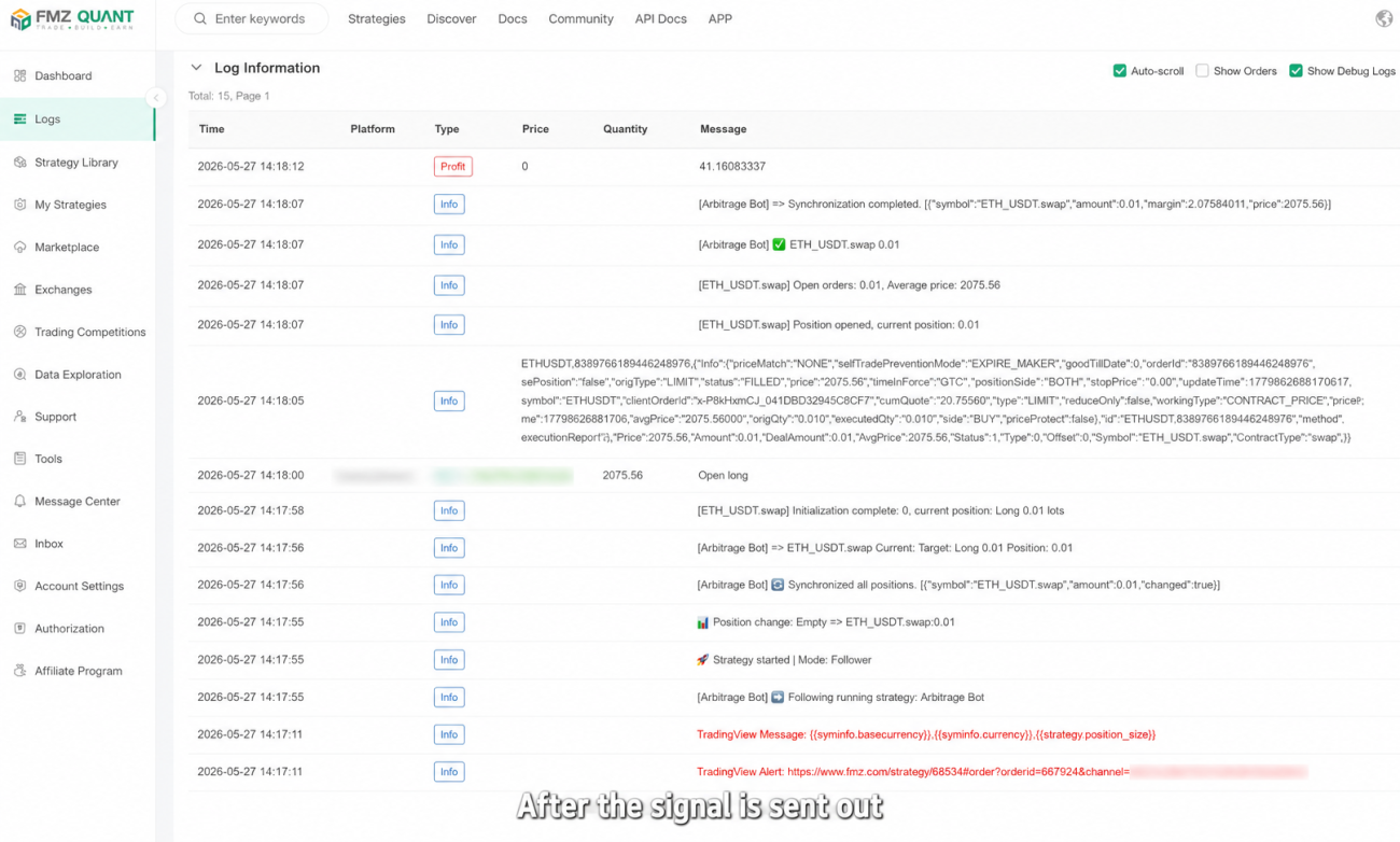 The copy-trading strategy receives the agent's signal and produces a trade