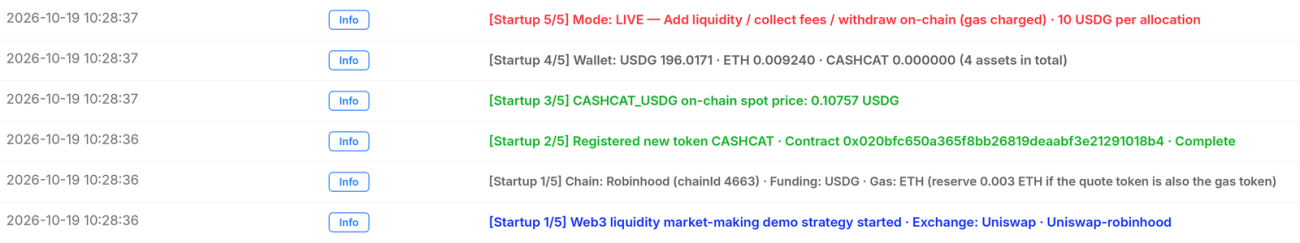 Startup log with chain, token, price, and wallet information