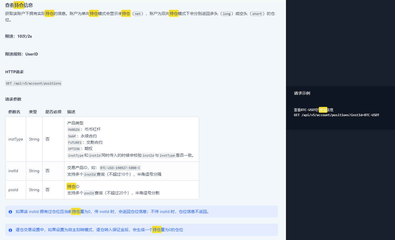 Okex交易所获取指定币种持仓，返回发明者Position结构数组